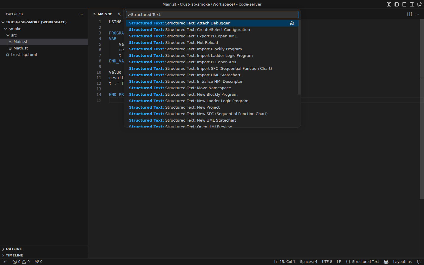 VS Code Command Palette with Structured Text commands