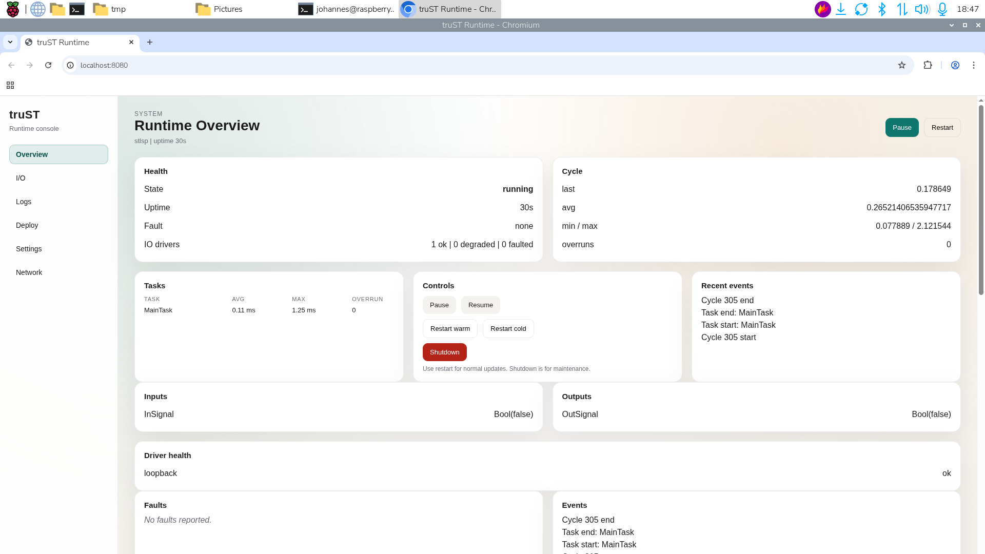 Runtime overview with live inputs and outputs