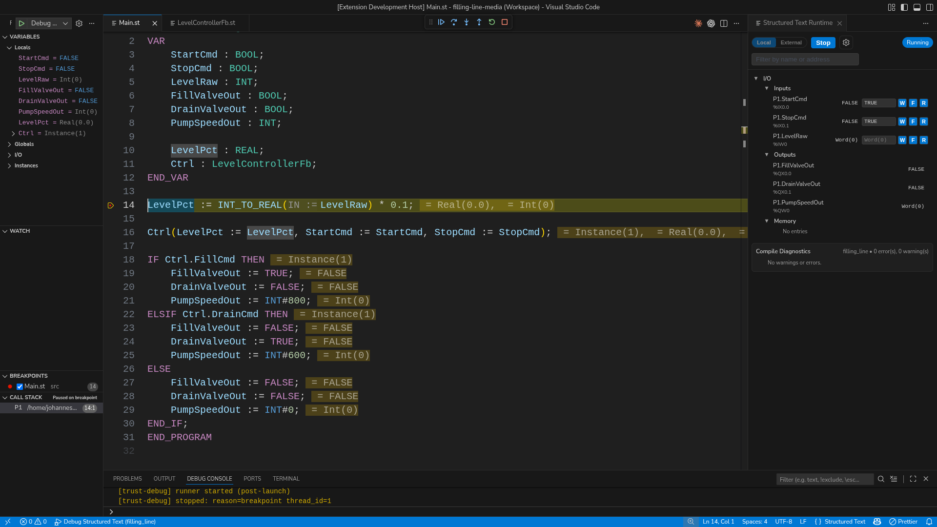 Debugger paused at a breakpoint in VS Code