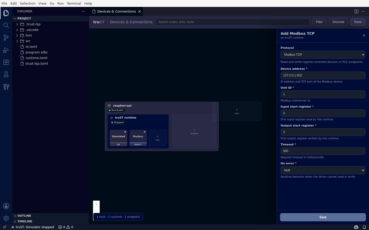 The Add Modbus TCP form with Device address, Unit ID, registers, Timeout, and On error fields
