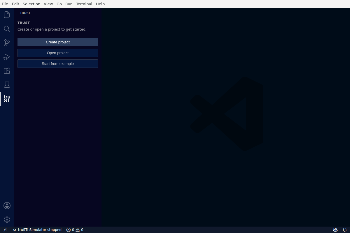 truST with no project open, showing Create / Open / Start from example