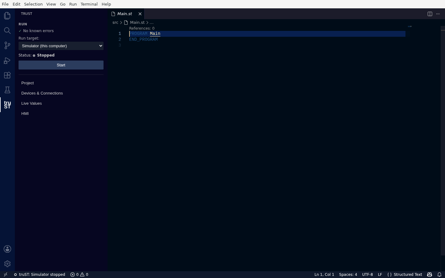 A new project open: the Run card shows No known errors, Simulator selected, and a Start button