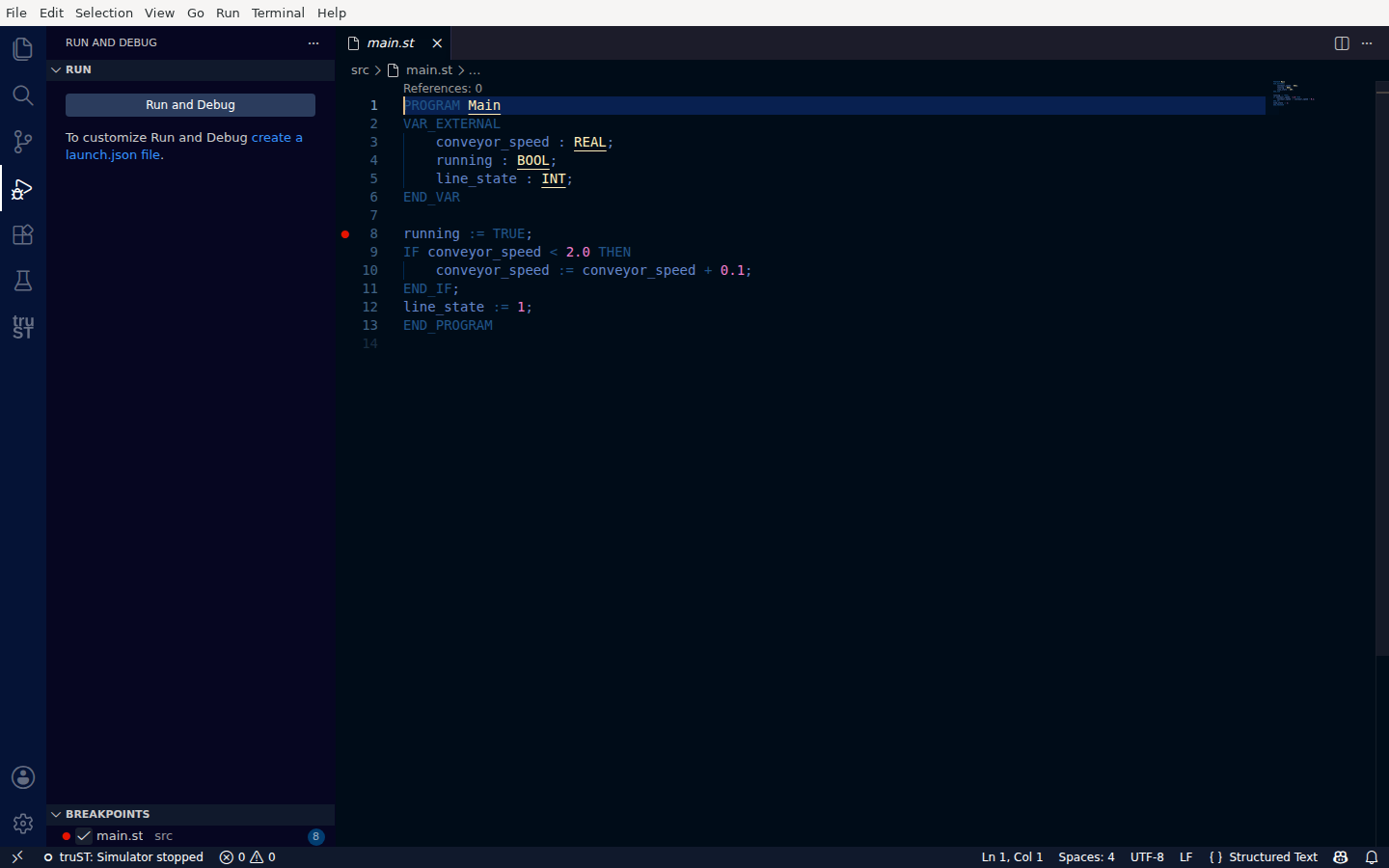 A red breakpoint dot set in the Structured Text editor gutter