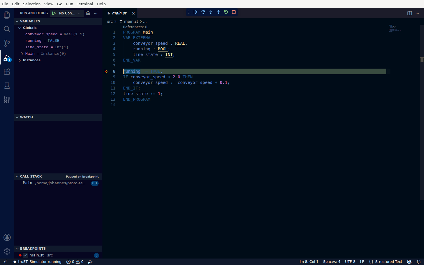Paused at a breakpoint: yellow current-line arrow, Variables with live values, Call Stack paused