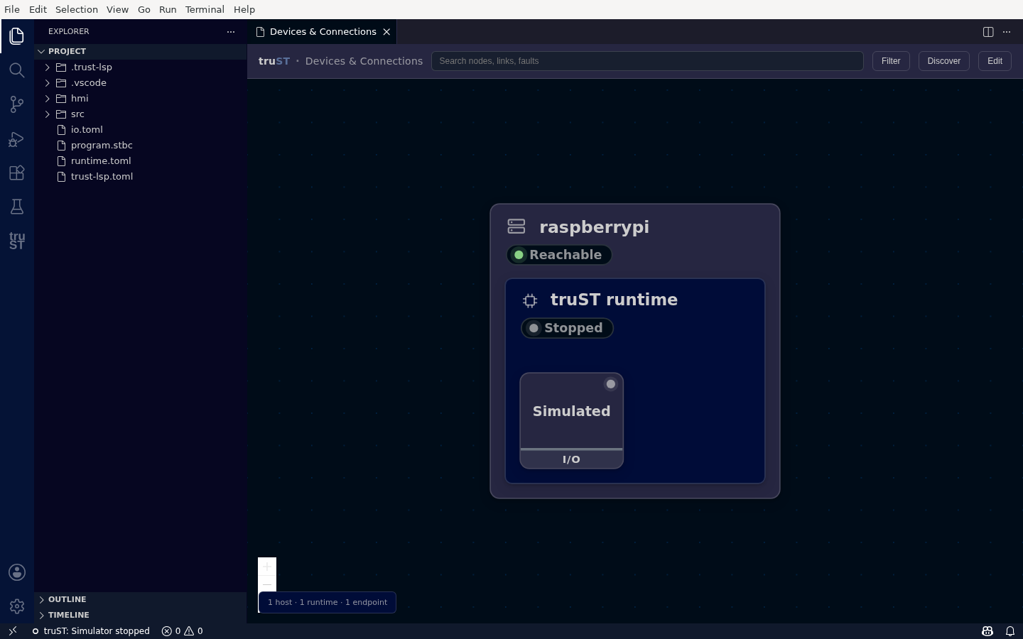 Devices & Connections: a host card with a stopped truST runtime and a simulated I/O endpoint
