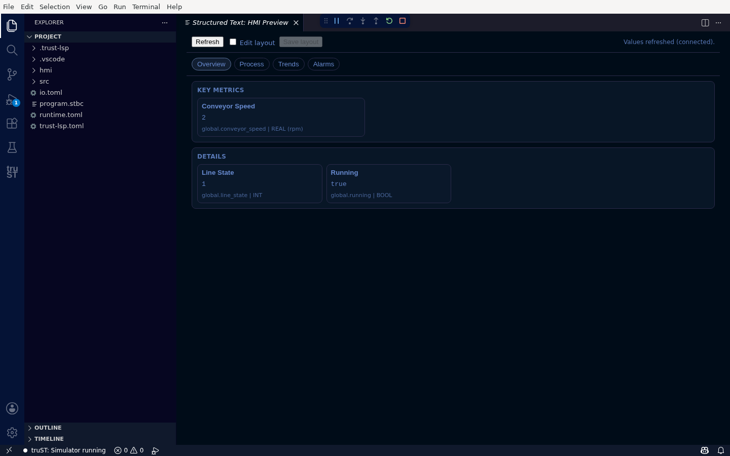 HMI Preview running: Overview with Conveyor Speed, Line State, Running, "Values refreshed (connected)"