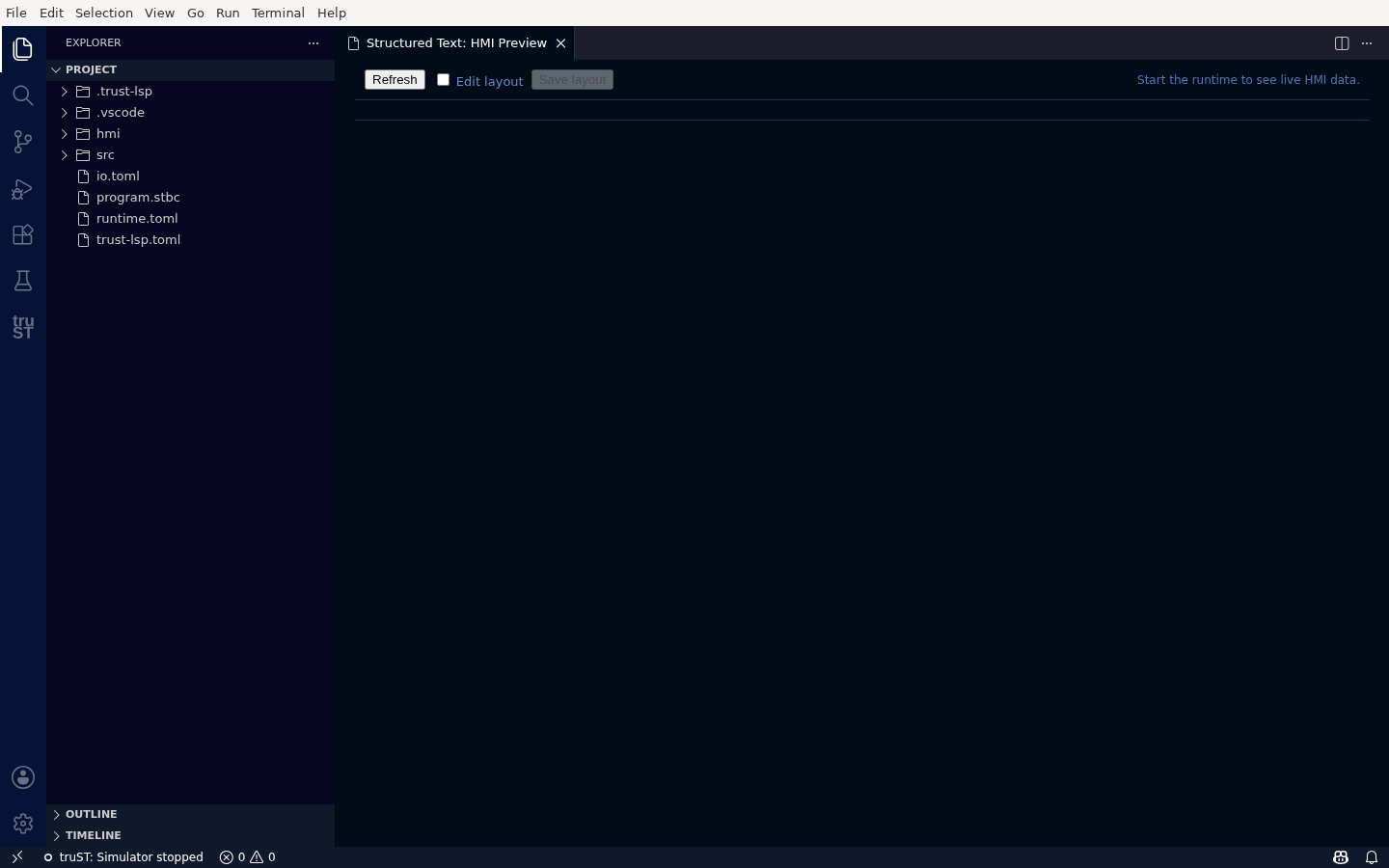 HMI Preview stopped, showing "Start the runtime to see live HMI data."