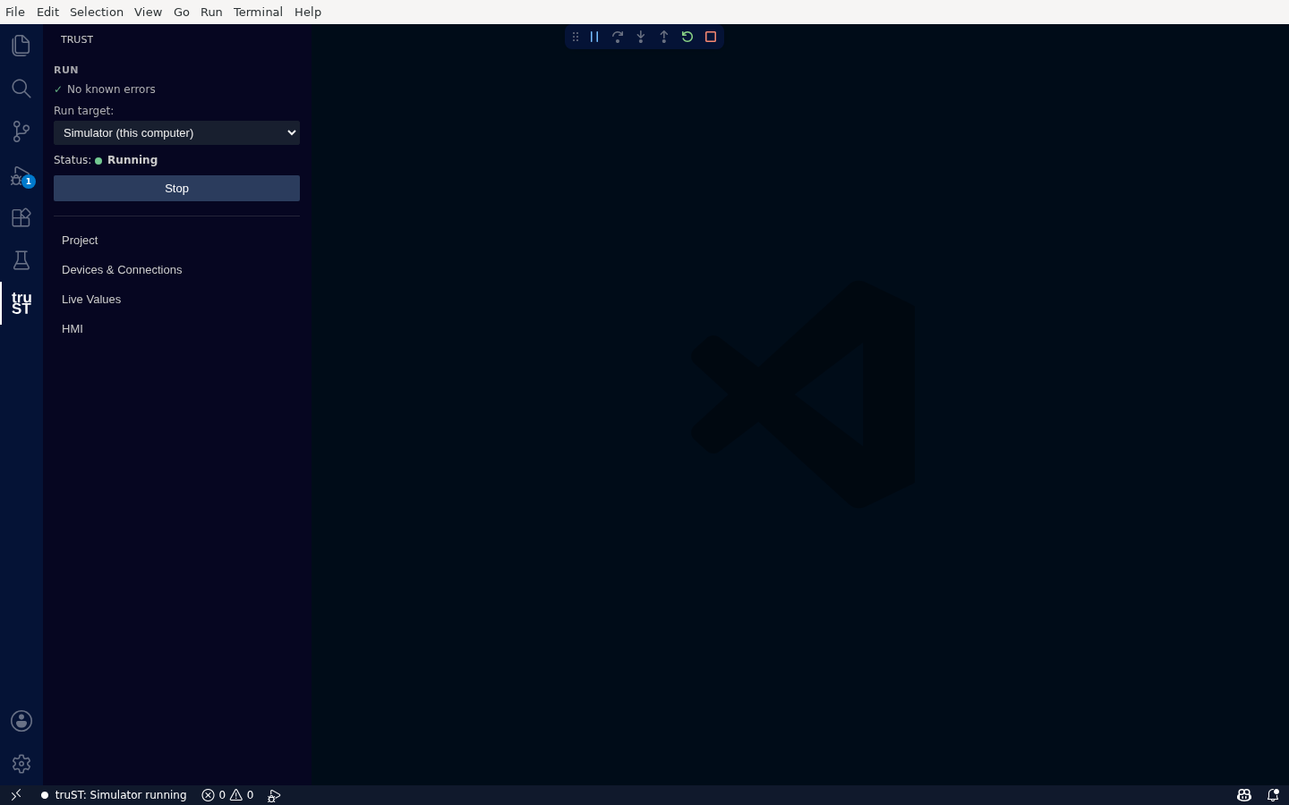 The Run card with the simulator running: Status Running and a Stop button