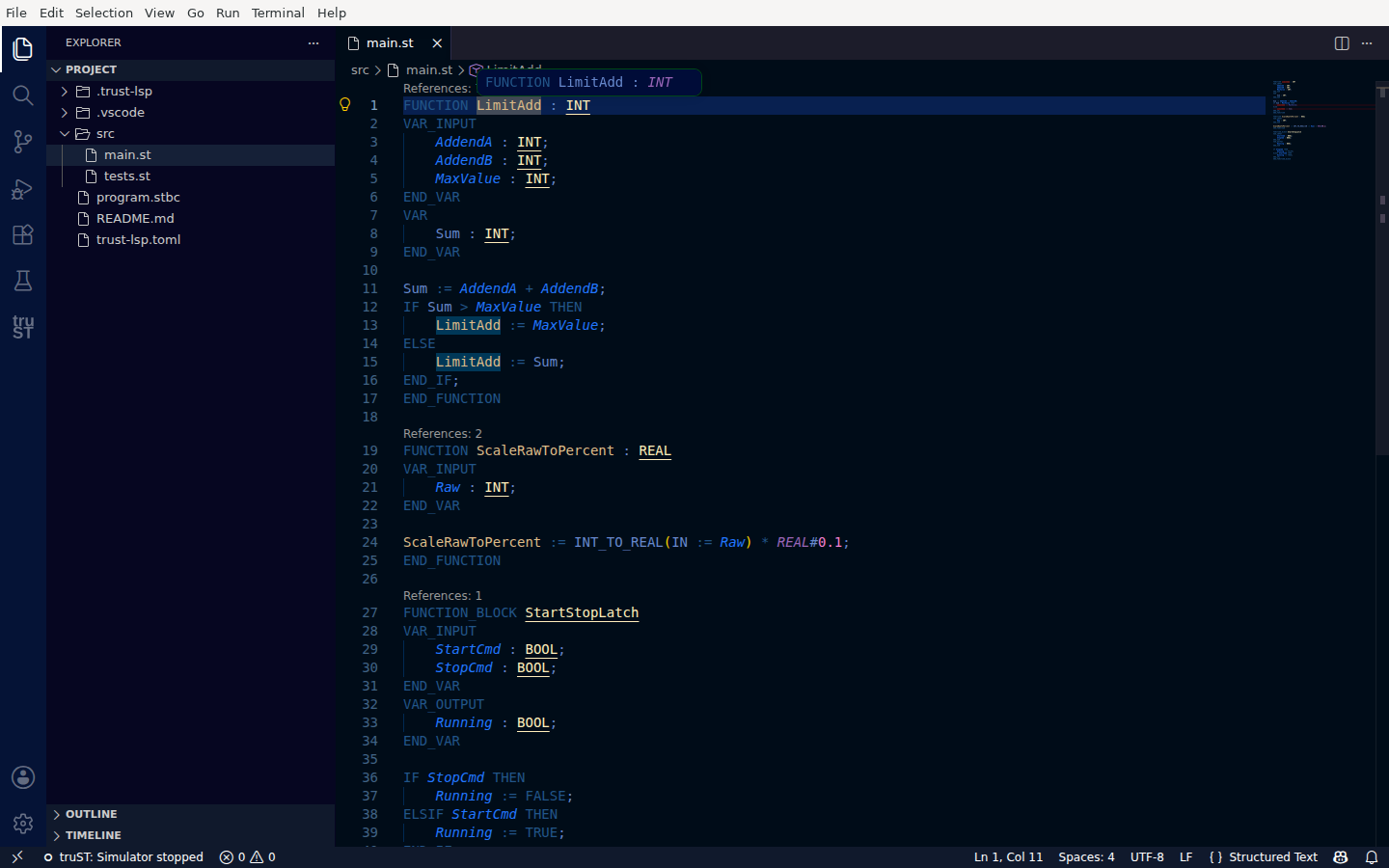 Hover showing a resolved Structured Text signature