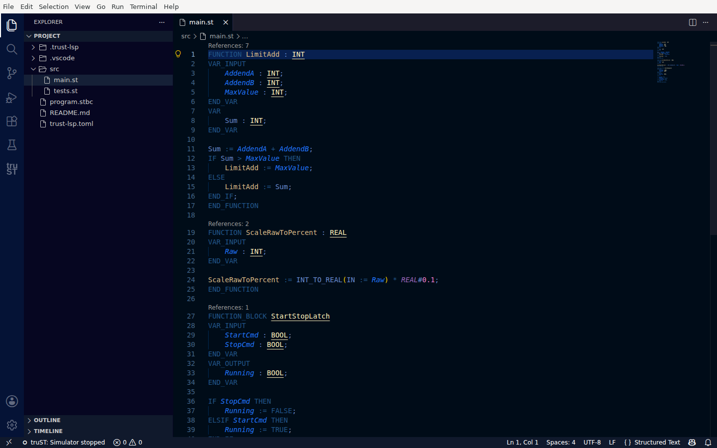 Structured Text with full syntax highlighting and inline reference counts