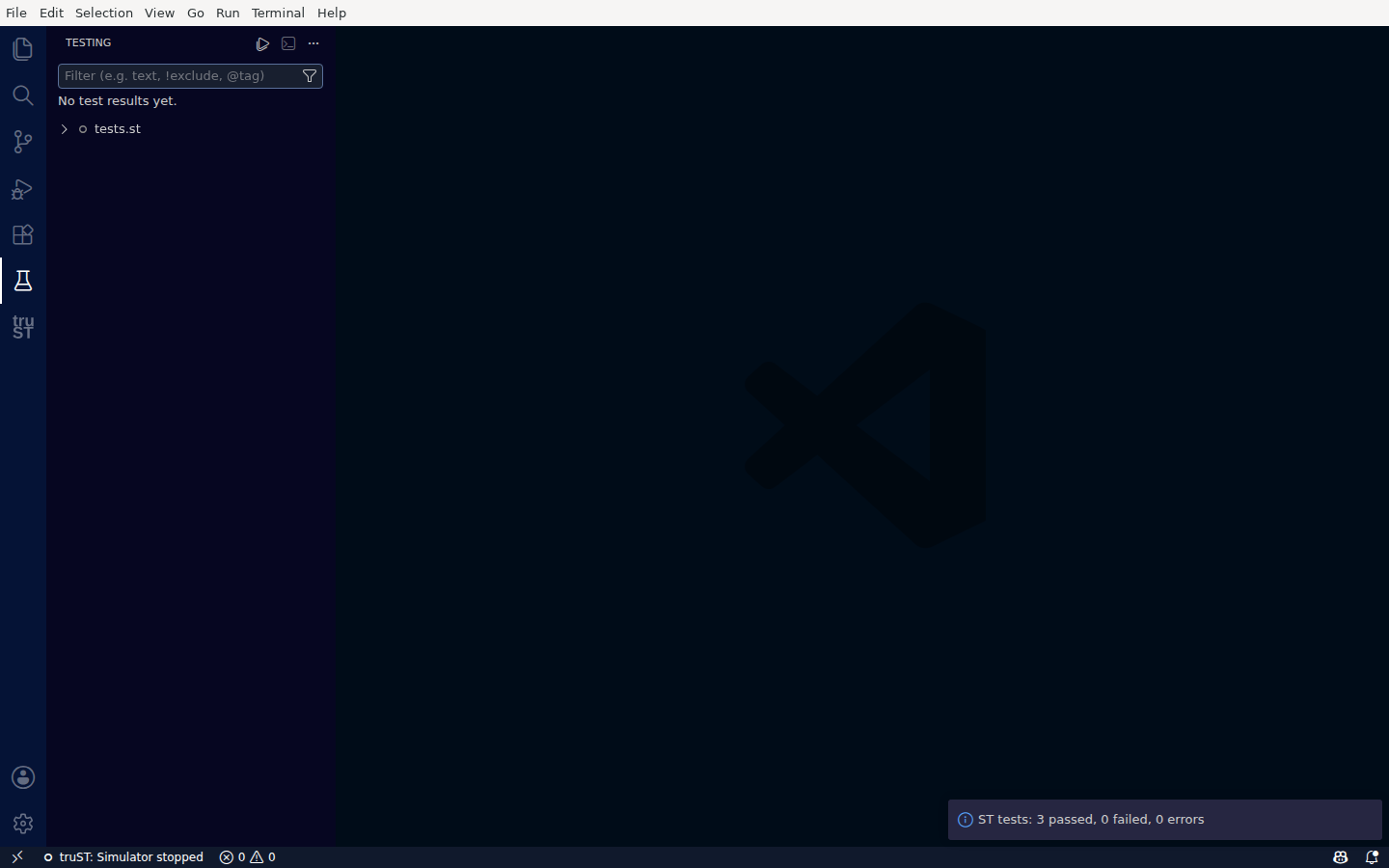 The VS Code Testing view with a "ST tests: 3 passed, 0 failed, 0 errors" result